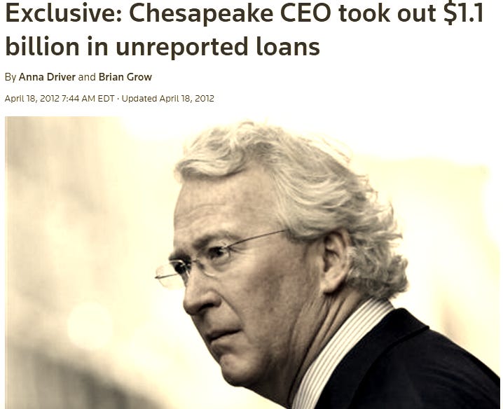 News headline about Chesapeake Energy’s CEO accused of taking $1.1 billion in undisclosed loans, illustrating the importance of reading 10-K risk disclosures and proxy statements for hidden conflicts and corporate governance red flags.