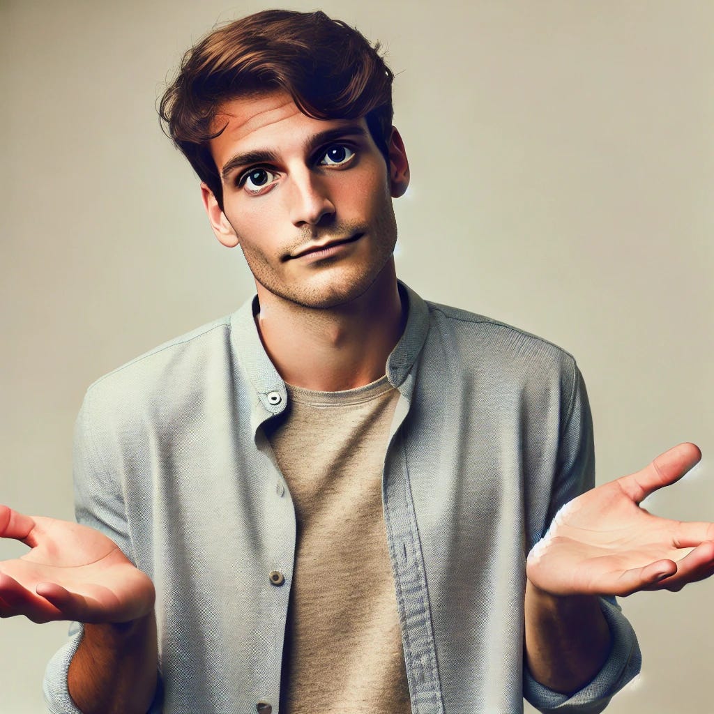 A man standing in the foreground, looking directly at the camera with a nonchalant expression, shrugging his shoulders. The background is simple and neutral, with no violence or chaos, emphasizing the man's indifferent and casual attitude. The overall tone of the image is calm and laid-back, focusing on the man's gesture and expression.