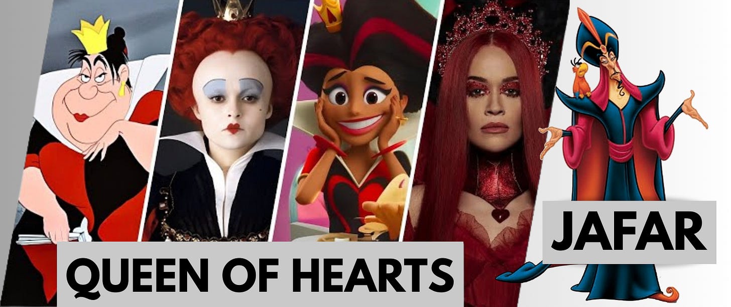 Collage labeled "Queen of Hearts" and "Jafar" showing various Queen of Hearts iterations and Disney's Jafar as villain style references.
