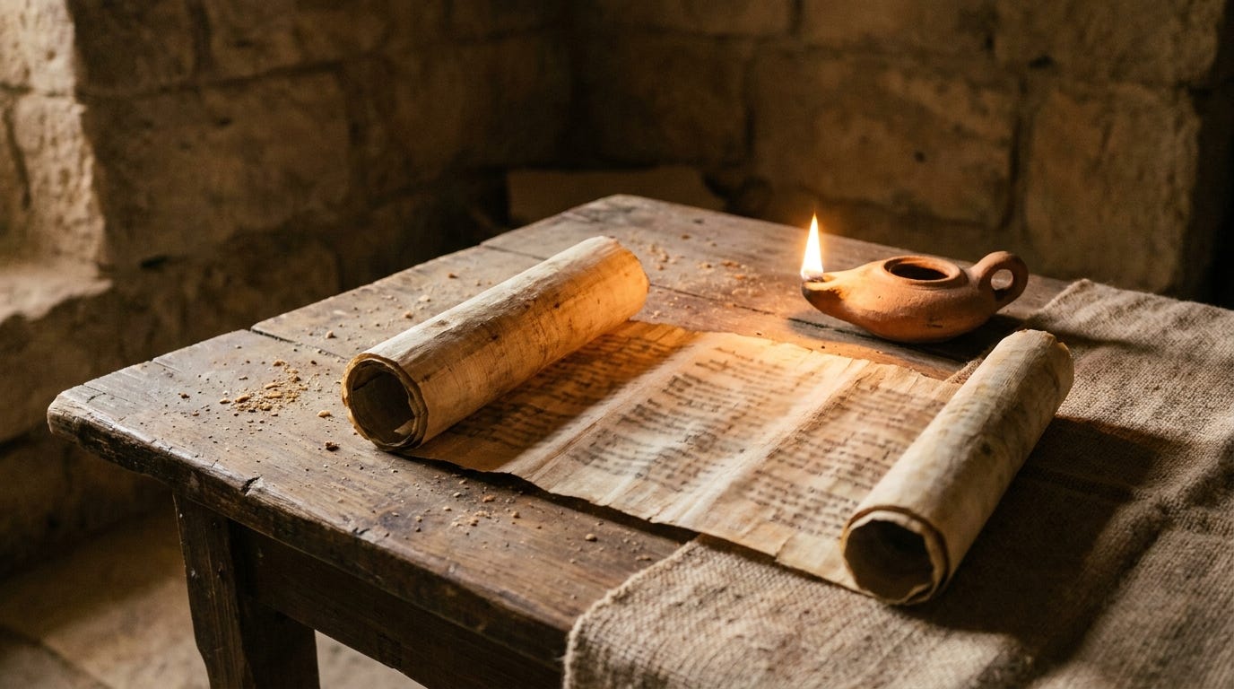An open ancient scroll on a plain wooden table listing rows of names in faded ink, warm low lamplight, no people, no faces, no text legible An open ancient scroll on a plain wooden table listing rows of names in faded ink, warm low lamplight, no people, no faces, no text legible