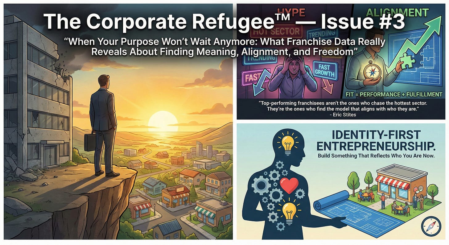 A collage of four panels illustrating The Corporate Refugee newsletter. The top left panel is a graphic of a man in a suit looking out from a cliff at a sunrise over a community, with a crumbling corporate building behind him, and the title 'The Corporate Refugee™ — Issue #3'. The top right panel is a split graphic titled 'HYPE' vs 'ALIGNMENT', contrasting a stressed person with a calm one holding a compass and puzzle piece, accompanied by a quote from Eric Stites. The bottom left panel shows a silhouette with gears, a heart, and a lightbulb, titled 'IDENTITY-FIRST ENTREPRENEURSHIP'. The bottom right panel shows a hand holding a blueprint leading to a store, with a compass icon. A collage of four panels illustrating The Corporate Refugee newsletter. The top left panel is a graphic of a man in a suit looking out from a cliff at a sunrise over a community, with a crumbling corporate building behind him, and the title 'The Corporate Refugee™ — Issue #3'. The top right panel is a split graphic titled 'HYPE' vs 'ALIGNMENT', contrasting a stressed person with a calm one holding a compass and puzzle piece, accompanied by a quote from Eric Stites. The bottom left panel shows a silhouette with gears, a heart, and a lightbulb, titled 'IDENTITY-FIRST ENTREPRENEURSHIP'. The bottom right panel shows a hand holding a blueprint leading to a store, with a compass icon.