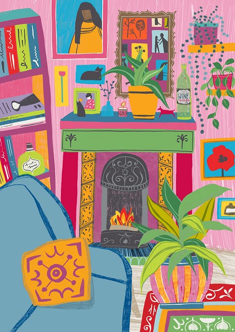 Illustration of cosy living room. Hand-drawn type saying 'Smile if you want Laugh if you can'. Pattern design of colourful ice lollies on a turquoise background. All illustrated by Tasha Goddard.
