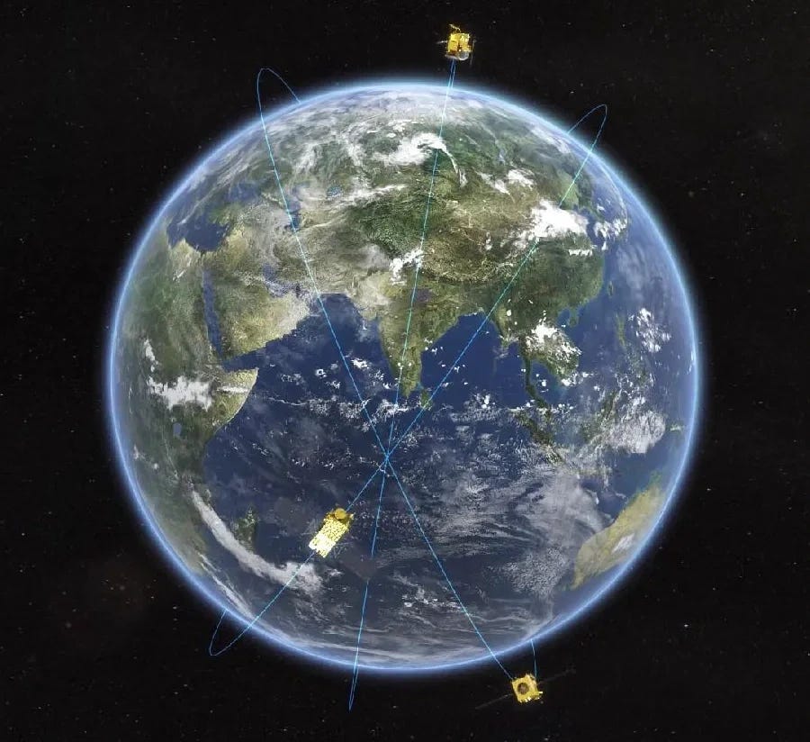 A render of Haiyang-2E, Haiyang-2F, and Haiyang-2G in orbit to form their three-spacecraft constellation. A render of Haiyang-2E, Haiyang-2F, and Haiyang-2G in orbit to form their three-spacecraft constellation.