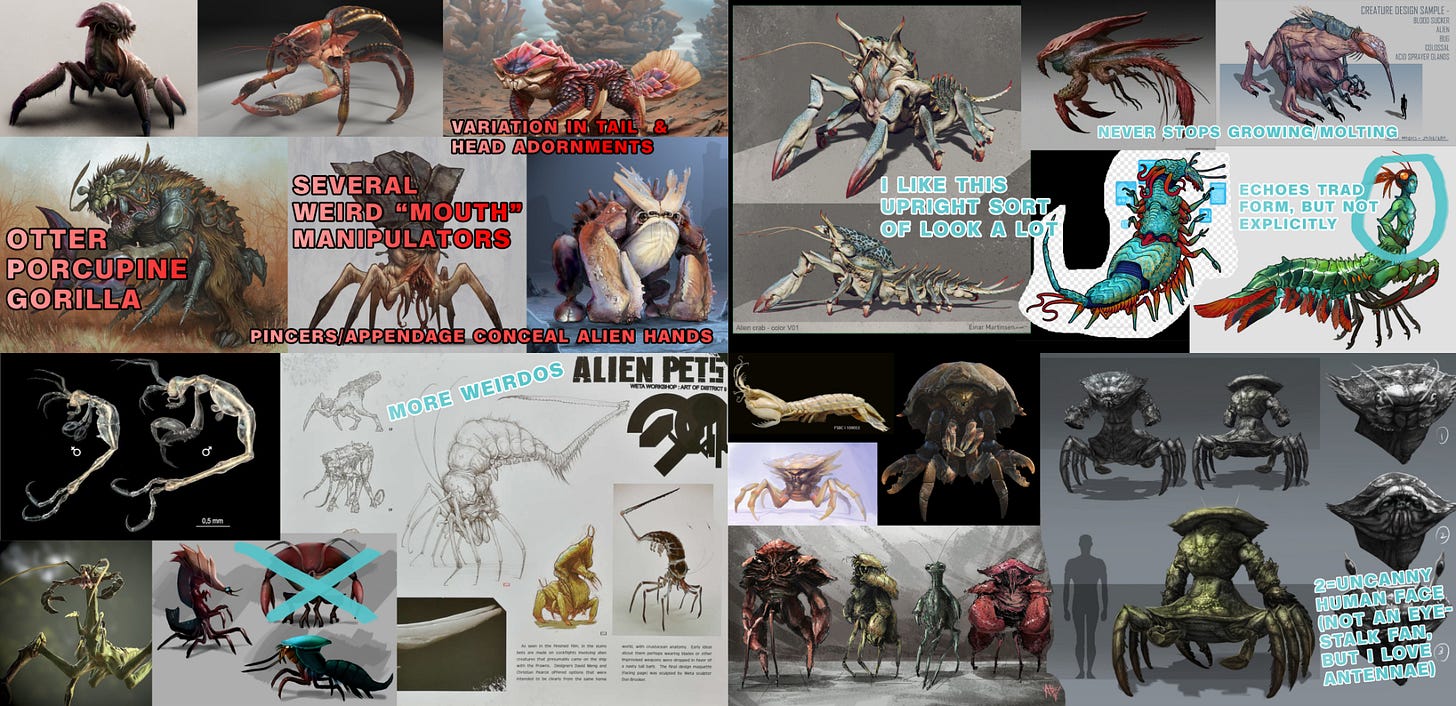25 different pieces of crab/shrimp/crustacean alien art, and one IRL weirdo shrimp, superimposed with text like “Head adornment variation,” “Several mouth-manipulators,” “I like this upright sort of look,” “Not a fan of eye-stalks,” “GORILLA OTTER PORCUPINE,” and “Never stops growing/molting”