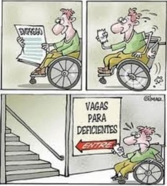Tira de jornal onde um homem cadeirante procurar emprego, vendo o jornal encontrar uma vaga específica para deficiente, ao chegar no local se depara com uma escada para fazer a entrevista.