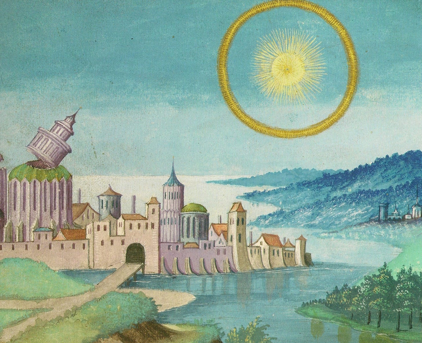 An illustration of a medieval town surrounded by high walls and a moat. The top part of a tower seems to be moving against common sense. There is a bright sun with a golden ring around it.