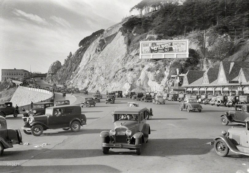 An interesting look at San Francisco car culture circa 1934. "Ocean Beach Playland -- Red Bug and Cliff House on Great Highway." With a billboard advertising Topsy's Roost, a dancehall and fried-chicken emporium just out of frame to the right. 5x7 negative, formerly of the Wyland Stanley collection. View full size.

