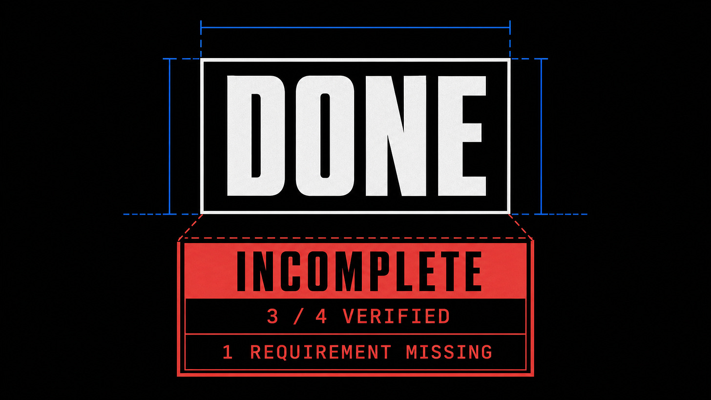 A polished DONE status opens to reveal INCOMPLETE, three of four verified, and one missing requirement