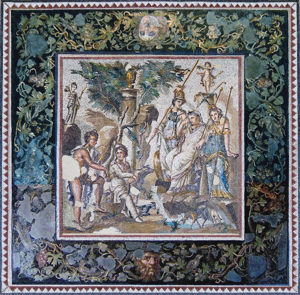 view of the complete 'Judgment of Paris' Roman mosaic discovered in the home of a wealthy Roman in the city of
Antioch, dating from the early second century AD view of the complete 'Judgment of Paris' Roman mosaic discovered in the home of a wealthy Roman in the city of
Antioch, dating from the early second century AD