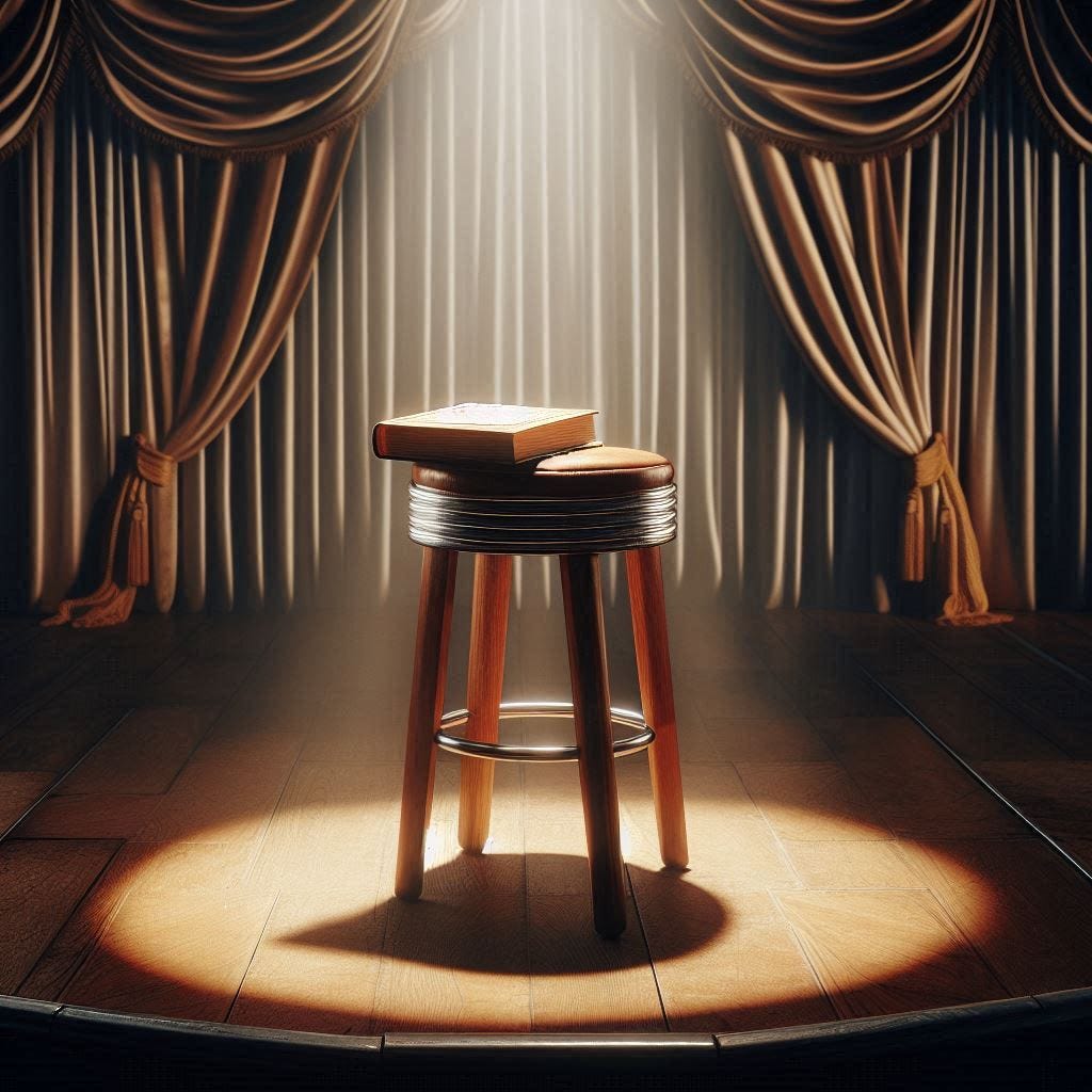 As the caption says, this is just a simple AI-generated of a closed book atop a stool on an otherwise empty stage. It's lit by a spotlight from above. As the caption says, this is just a simple AI-generated of a closed book atop a stool on an otherwise empty stage. It's lit by a spotlight from above.