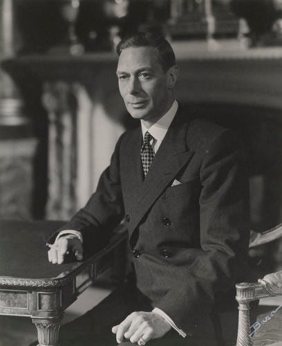 King George VI holding a cigarette, smoking with FDR, and in a candid photograph smoking outdoors