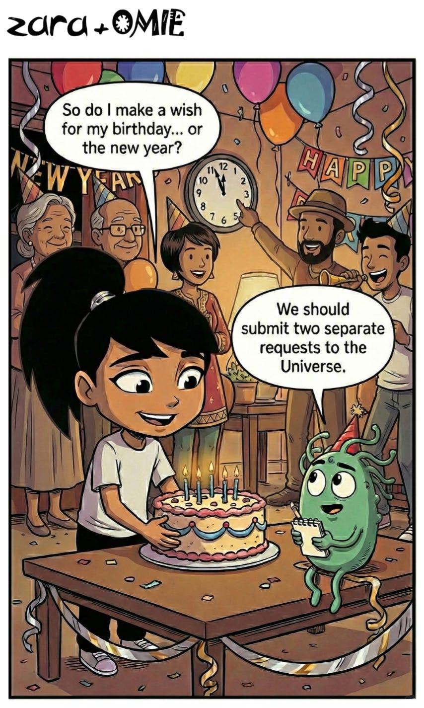 Zara’s NYE birthday: one wish or two? Omie votes two.