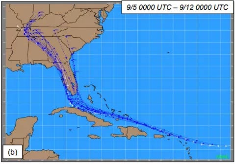 A map of the Caribbean and the southeastern US, showing NHC track forecasts for Hurricane Irma in royal blue and the actual path of the storm in white; the actual path is very close to the forecast A map of the Caribbean and the southeastern US, showing NHC track forecasts for Hurricane Irma in royal blue and the actual path of the storm in white; the actual path is very close to the forecast
