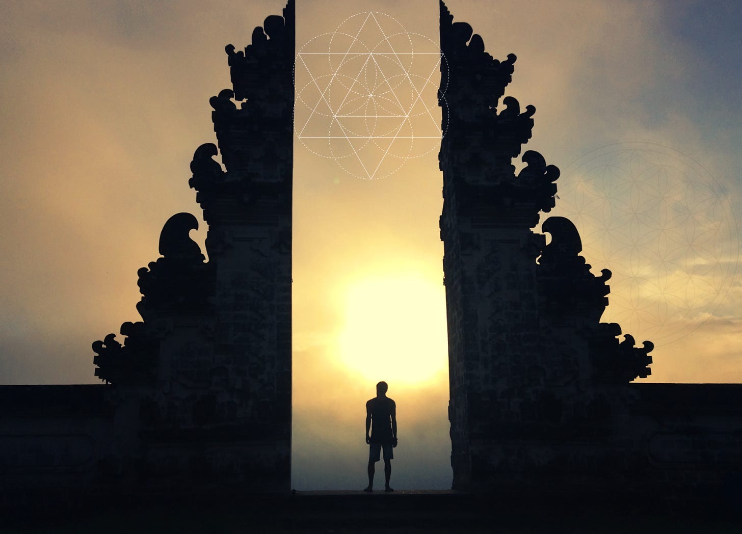 A person standing at a portal of light