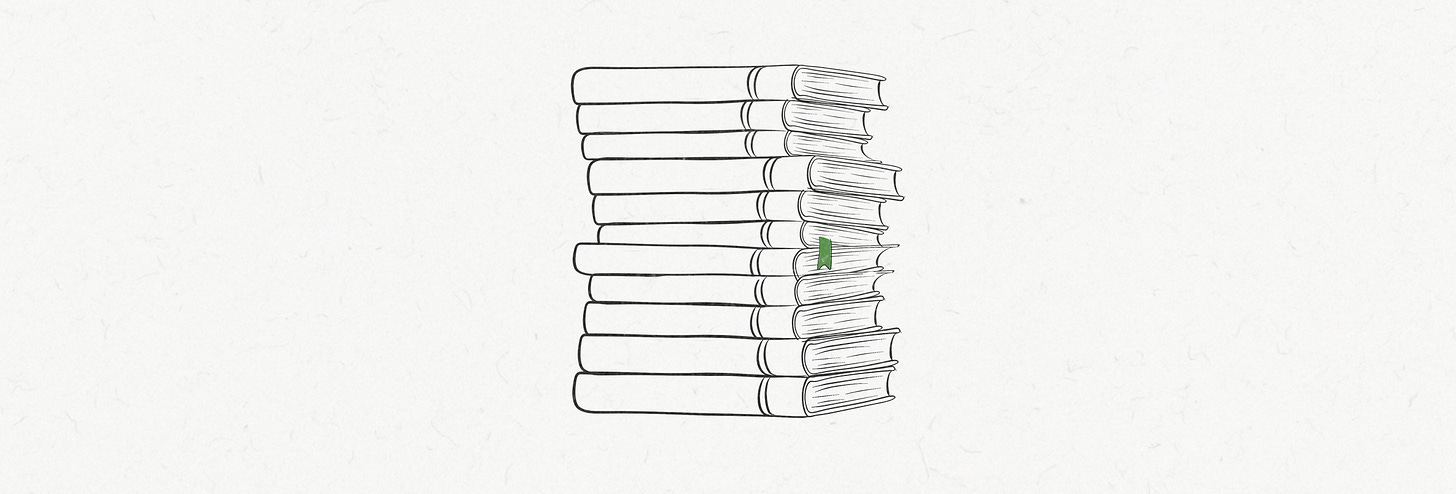 Hand-drawn illustration of a tall stack of books with two small green bookmarks placed near the top and bottom of the stack — visualizing the "Lost in the Middle" problem in LLM context windows, where large language models reliably recall information at the beginning and end of long prompts but lose accuracy on content buried in the middle.