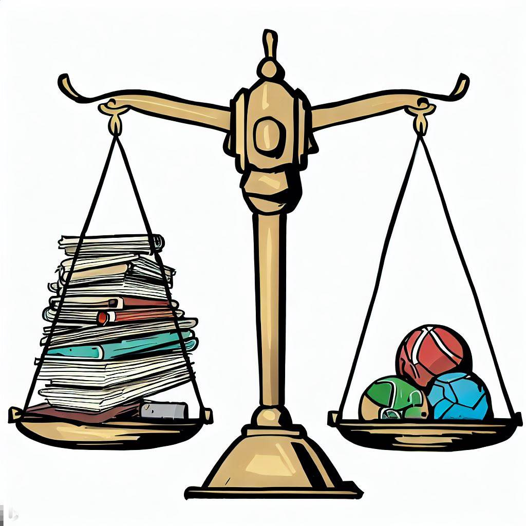a scale where one side is homework and textbooks and the other side is toys, tipping to the side with the toys, in the style of a Sunday comic