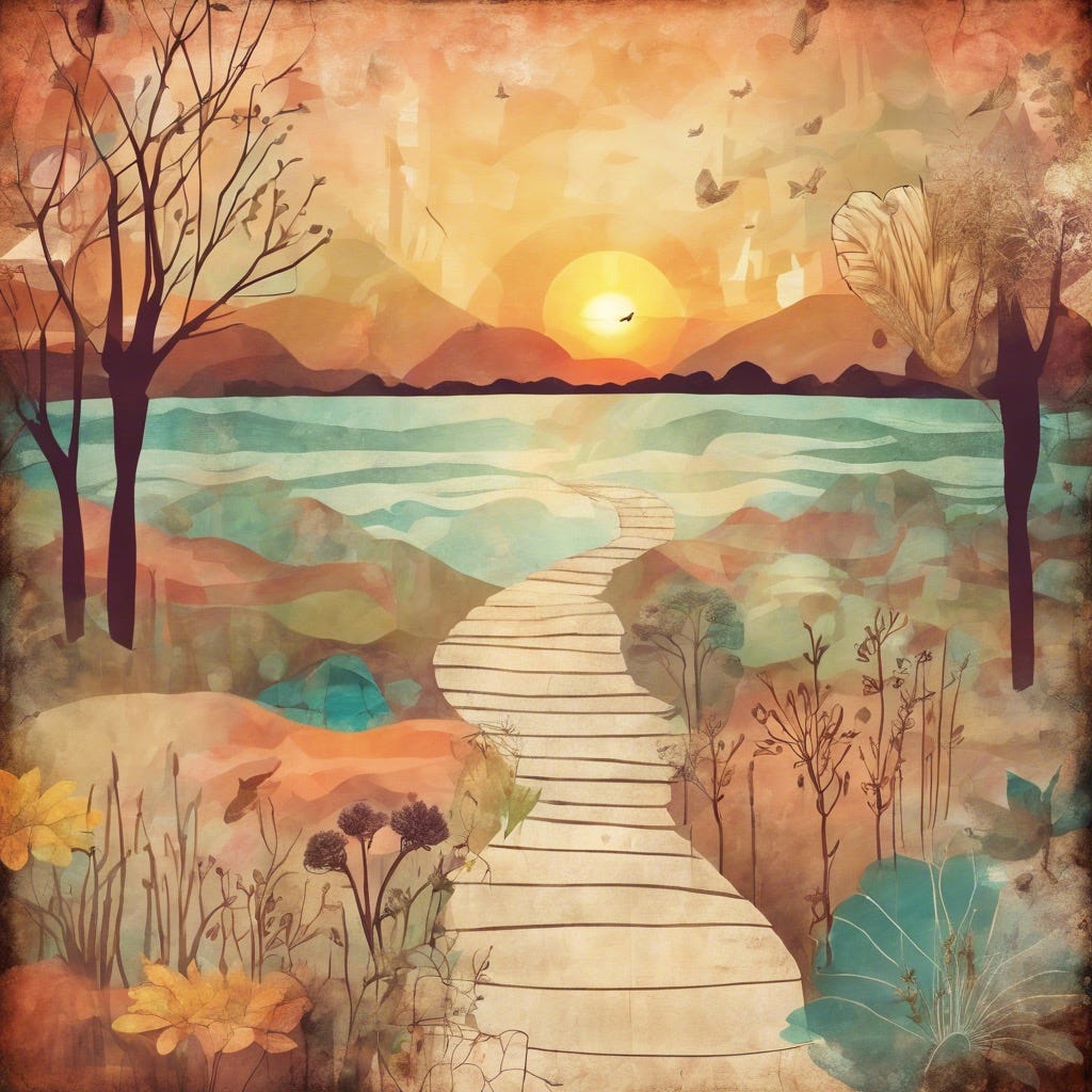 pathway with the sunrise and nature themed background in watercolour