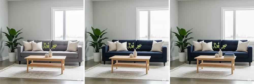 Three side-by-side images of a living room demonstrate different interior design choices. The first photo features a gray sofa, the second shows a dark blue sofa, and the third shows the same blue sofa with a stack of books on the coffee table. The images are a comparison.