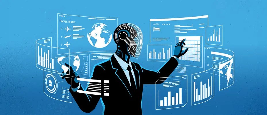 An AI agent multitasks various screens featuring charts, graphs, and travel arrangements An AI agent multitasks various screens featuring charts, graphs, and travel arrangements