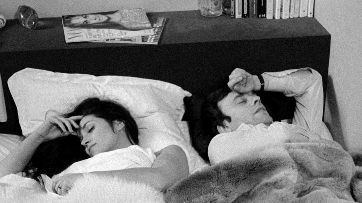 My Night at Maud's | Still features Jean-Louis Trintignant as Jean-Louis and Françoise Fabian as Maud in bed together.