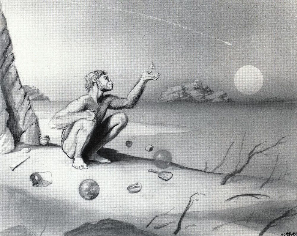 Preliminary sketch of INTANGIBLES featuring the same primitive man crouching on the shore, but the arrangement of symbols is different and tree branches jut out of the sand. A comet arches overhead arcing down toward the full moon hovering on the horizon.