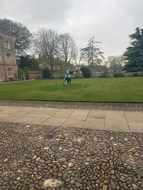 me smiling in front of historic college buildings at Jesus College in Cambridge UK
