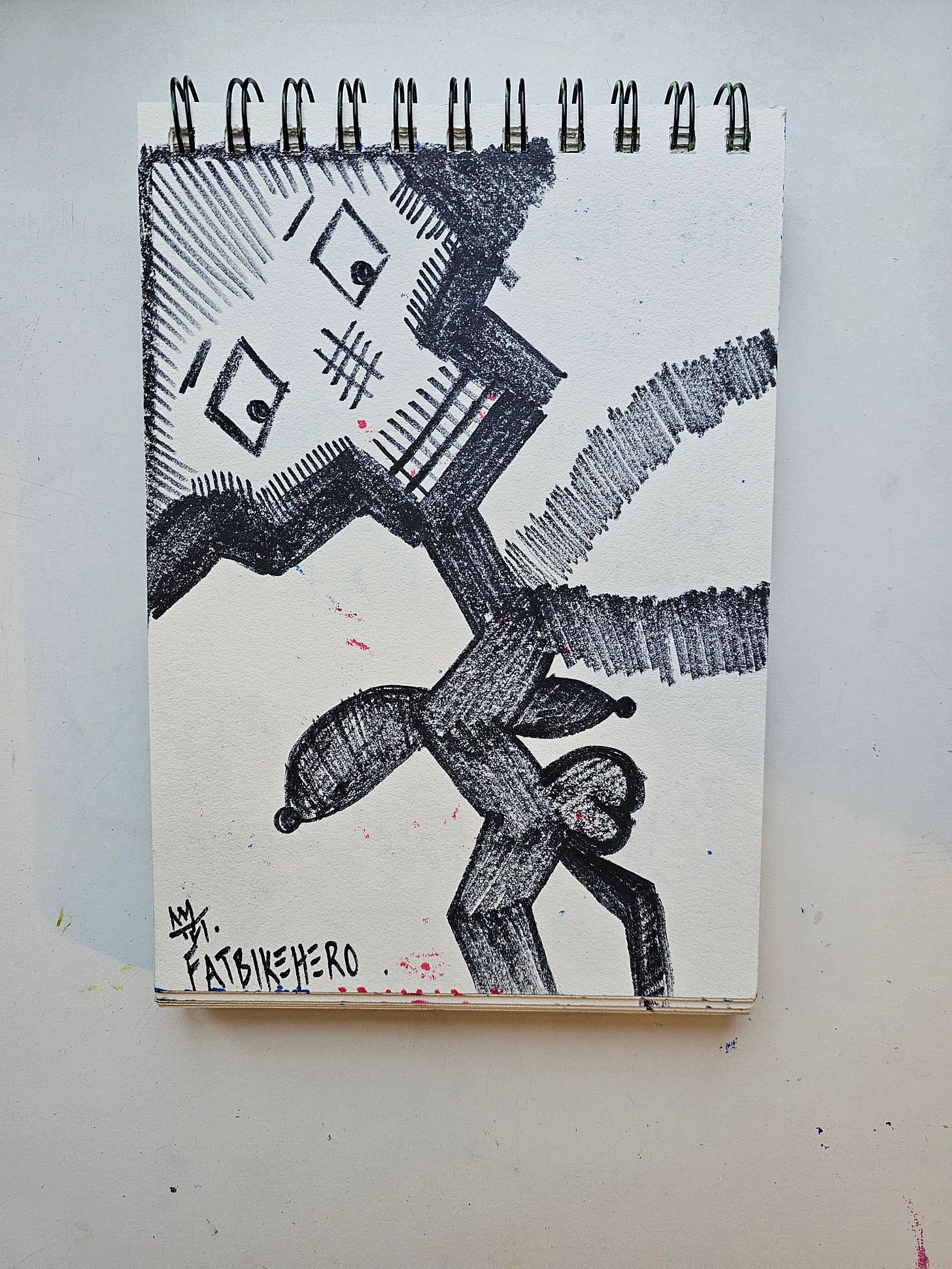 Alt Text: A raw, black and white ink drawing in a sketchbook titled Monkey Dance by artist FatbikeHero. The image depicts a frantic, skeletal creature with a boxy head and exaggerated anatomy, drawn in a scratchy, neo-expressionist style. Alt Text: A raw, black and white ink drawing in a sketchbook titled Monkey Dance by artist FatbikeHero. The image depicts a frantic, skeletal creature with a boxy head and exaggerated anatomy, drawn in a scratchy, neo-expressionist style.