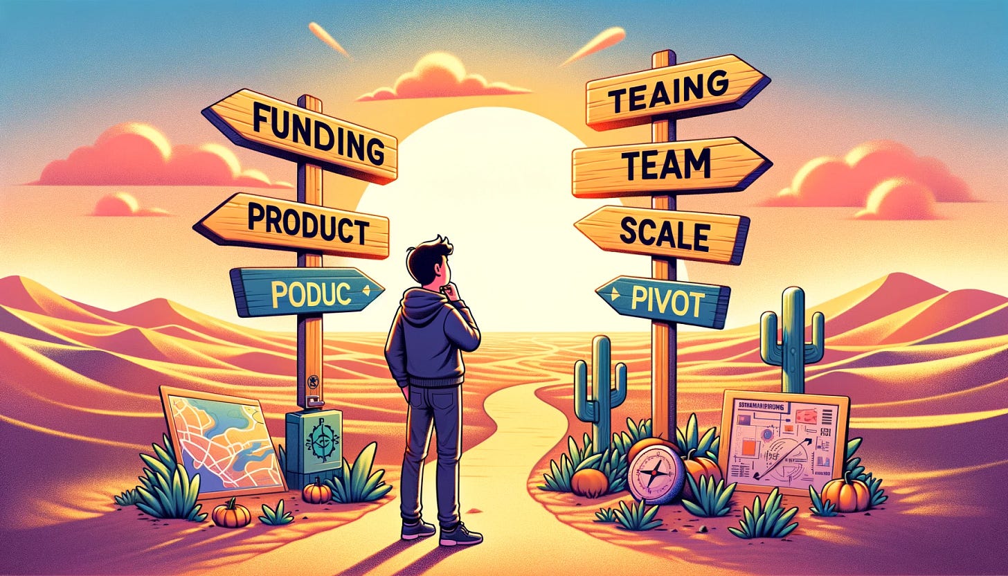 An illustration depicting a young entrepreneur standing at a crossroads in a vast desert, looking contemplatively at several signposts pointing in different directions. Each signpost bears an English word representing common startup challenges and decisions: 'Funding', 'Team', 'Product', 'Scale', and 'Pivot'. The entrepreneur is depicted with a map in one hand, symbolizing planning and strategy, and a compass in the other, representing guidance and direction. The sun is setting in the background, adding a sense of urgency to make the right decision. The style is colorful and slightly whimsical, engaging the viewer's imagination and conveying the complexity of startup decision-making.