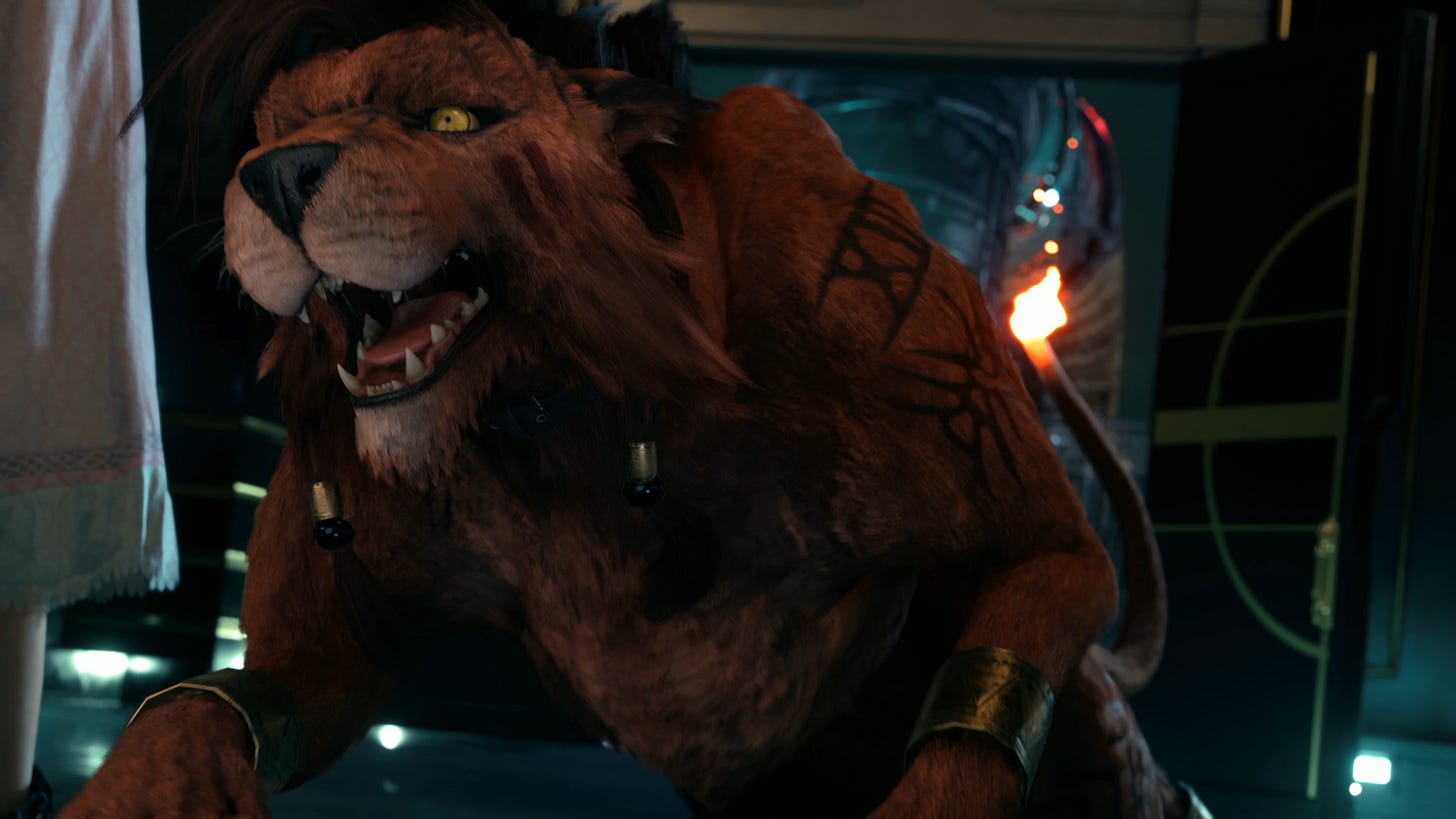 Red XIII reacts and runs towards Barret right after Tifa but before Aerith.