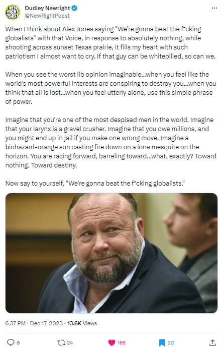 Dudley Newright Tweet about Alex Jones' conviction that "We’re gonna beat the fucking globalists!"