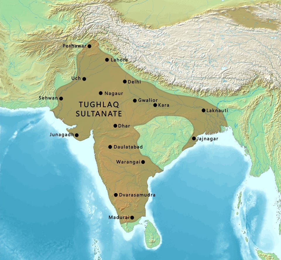 Territory under the Tughlaq dynasty of the Delhi Sultanate, 1330–1335. The empire shrank after 1335.