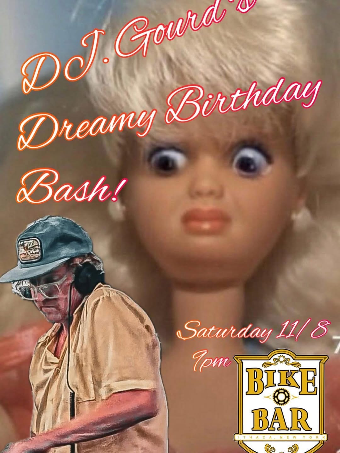 May be an image of text that says 'DJ Gourd U Birthday Dreamy Bash! Saturday 11/8 9pm BIKE BAR THAGANNENYOR HACAHENYON'
