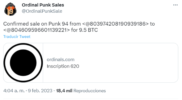 According to the Ordinal Punk Sales Bot OrdinalPunk 620 sold for BTC 9.5 in February 2023. According to the Ordinal Punk Sales Bot OrdinalPunk 620 sold for BTC 9.5 in February 2023.
