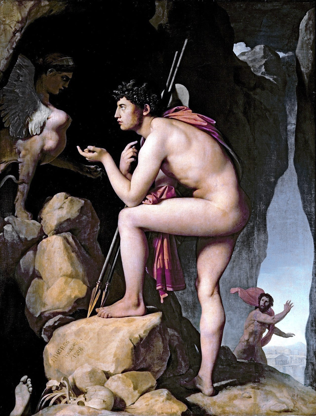 Naked hero leaning toward the sphinx on a rock Naked hero leaning toward the sphinx on a rock