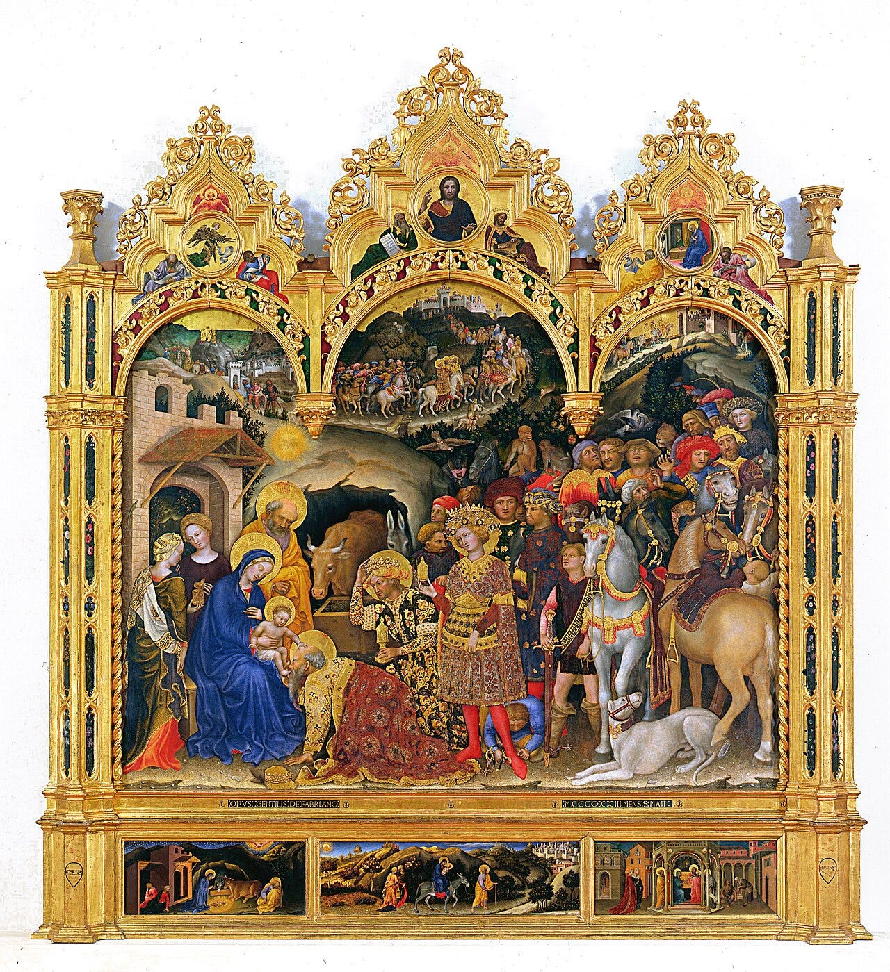 Gentile da Fabriano, Adoration of the Magi, lavish International Gothic gold and detail