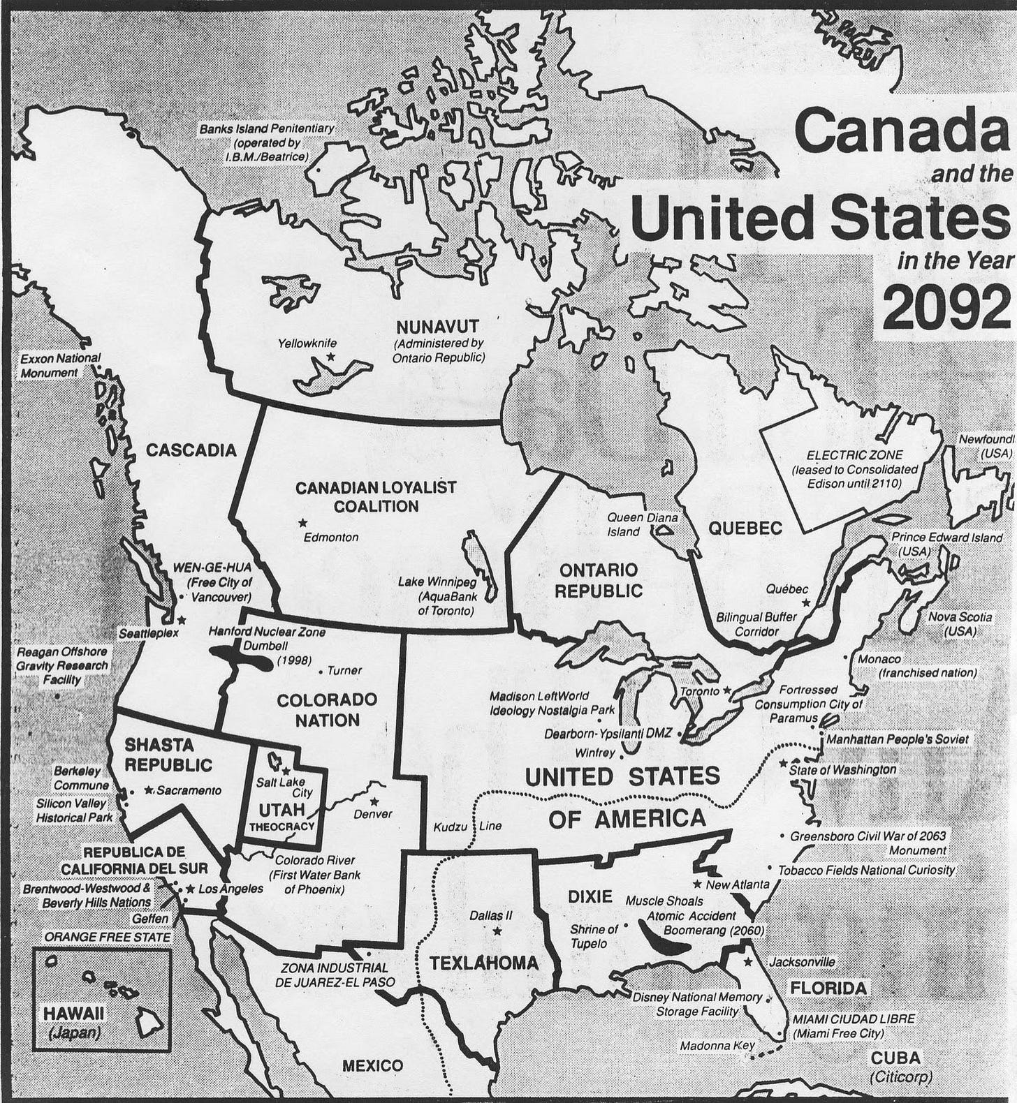 A black and white map shows a fictional division of Canada and the United States into new regions and countries in the year 2092, with altered borders and renamed areas.