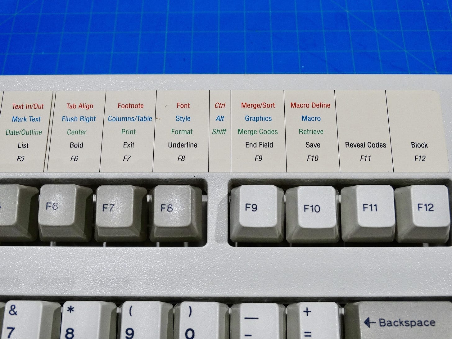 Several function keys of a classic PC keyboard with a plastic overlay indicating what those function keys do in WordPerfect