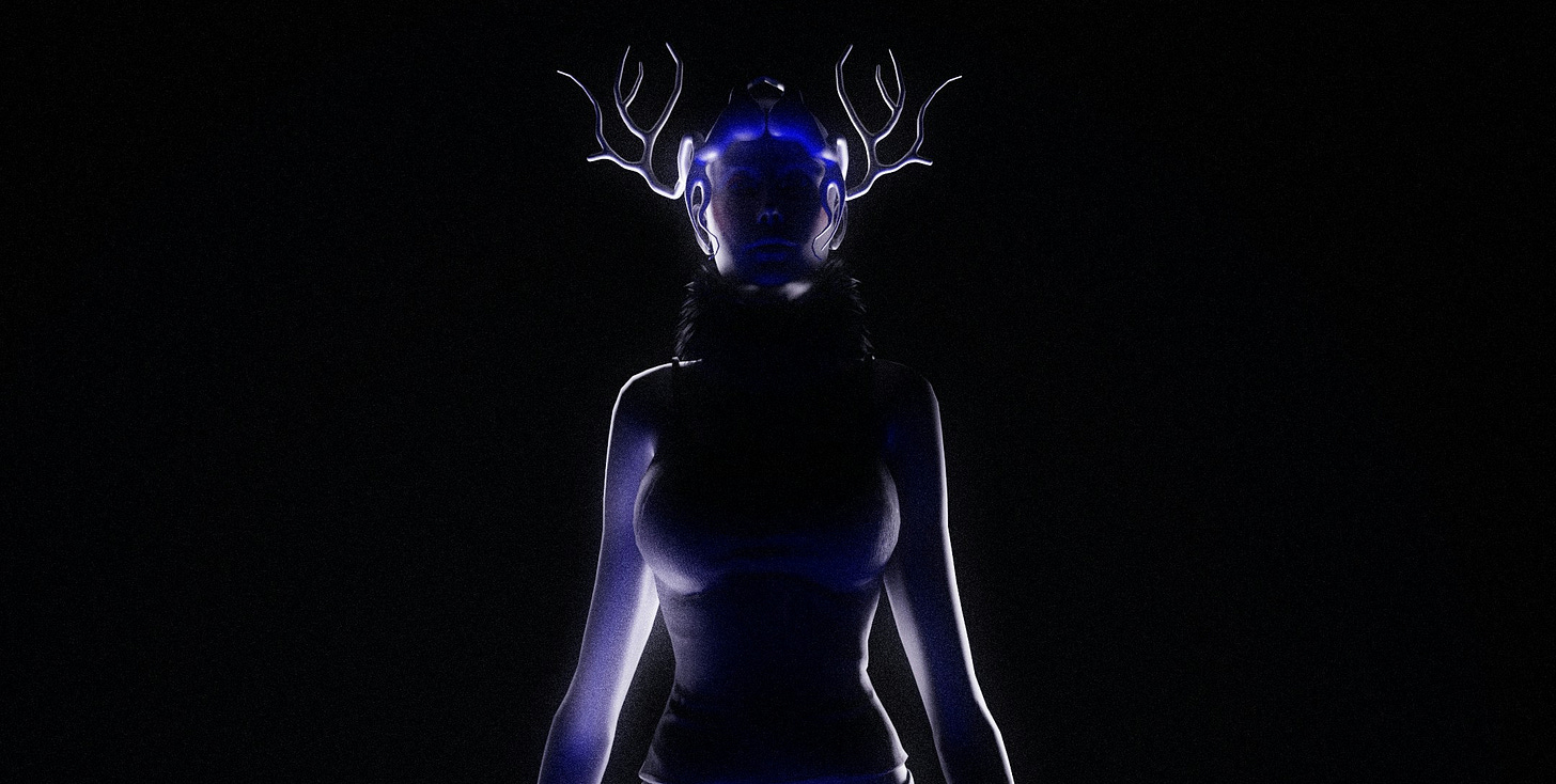 Futuristic, glowing female figure with antler-like appendages on what appears to be a type of helmet on her head. The background is black. 