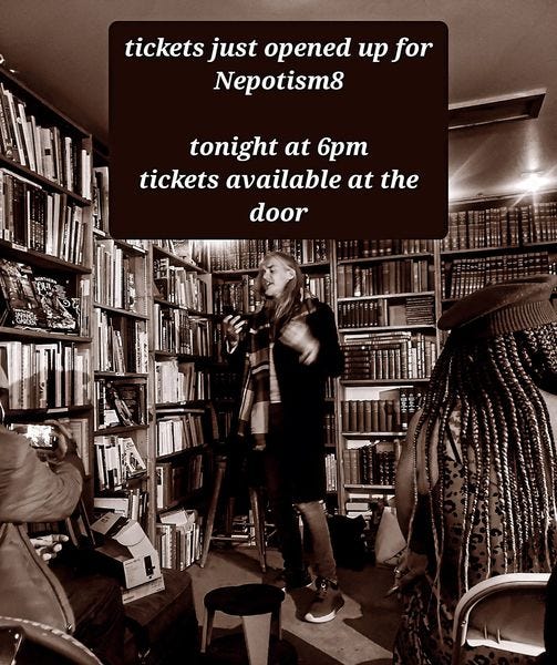 May be an image of 1 person and text that says 'tickets just opened up for Nepotism8 tonight at 6pm tickets available at the door 里港 三三０日 けが事'