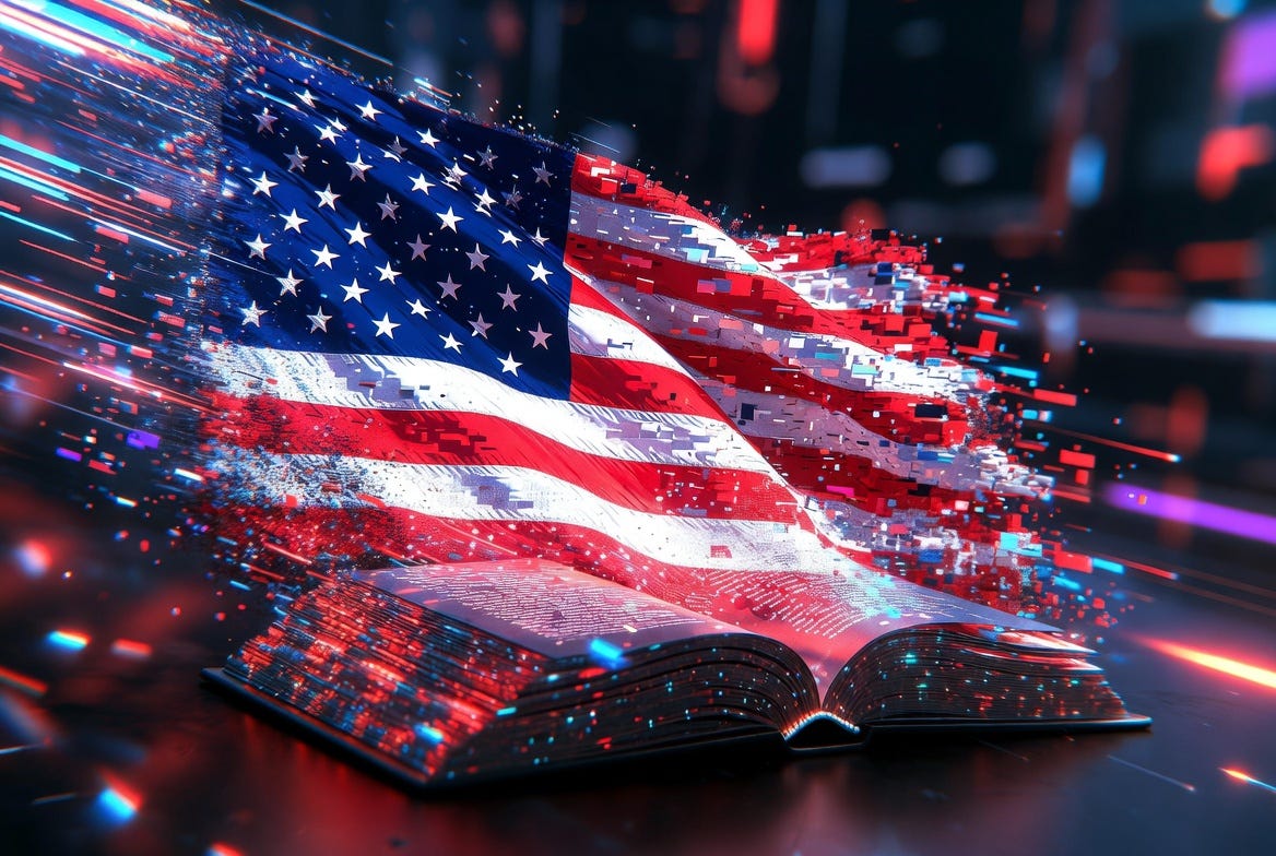 A cyberpunk American flag transitions into a book in a futuristic, technological style. A cyberpunk American flag transitions into a book in a futuristic, technological style.