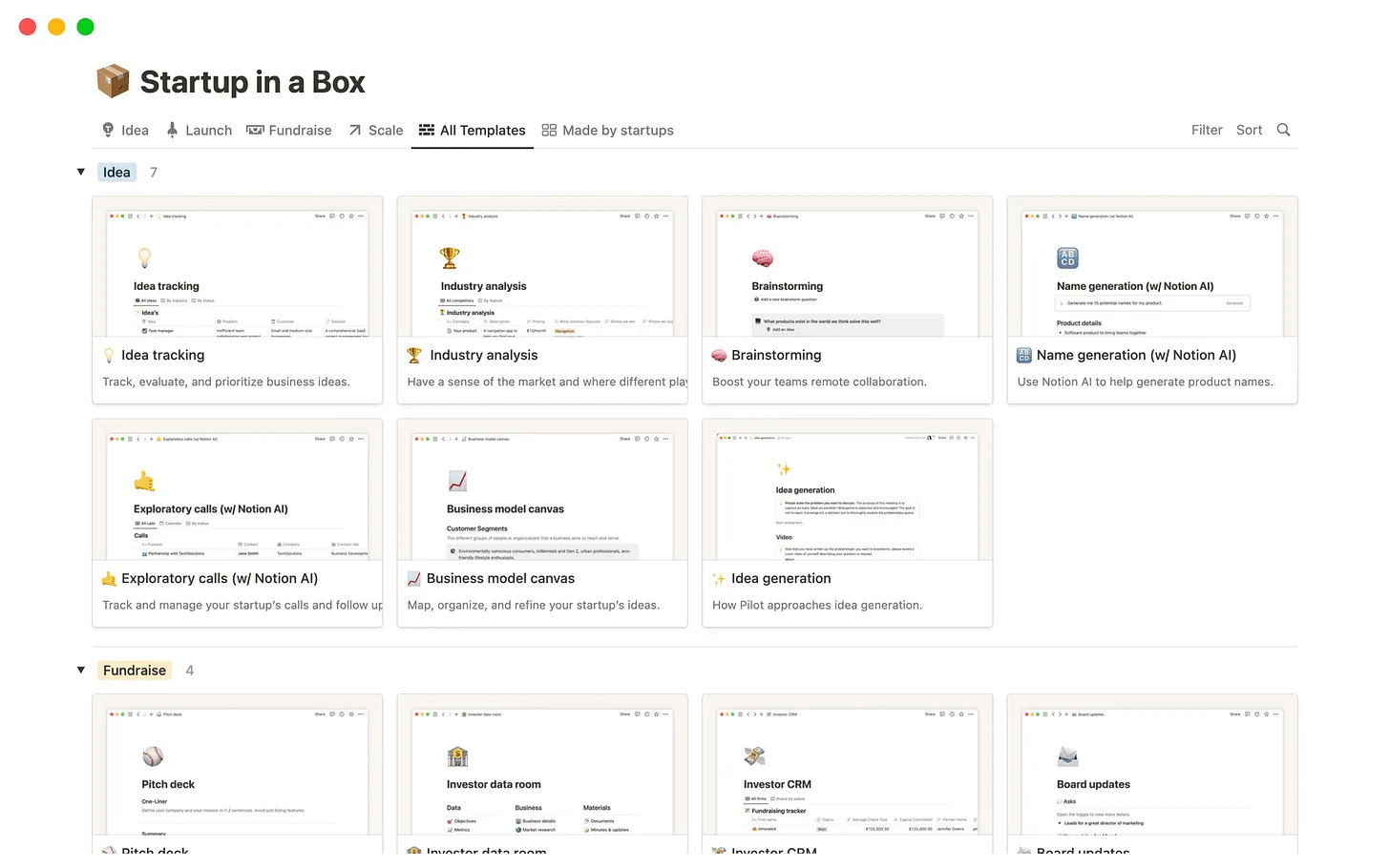 Overview of the Startup in a Box Notion workspace showing founder templates organized by stage including idea, fundraising, launch, and scale Overview of the Startup in a Box Notion workspace showing founder templates organized by stage including idea, fundraising, launch, and scale