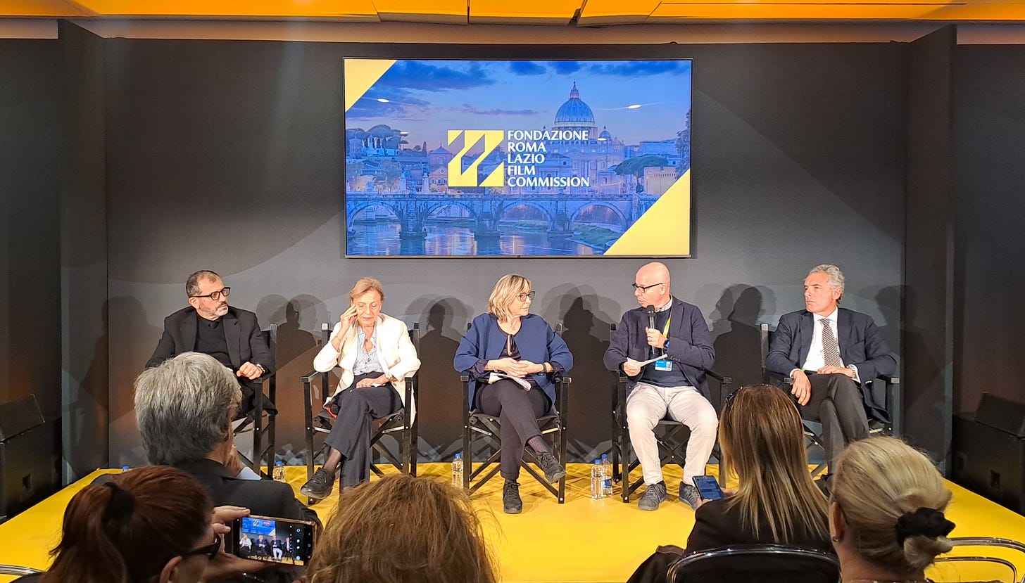 Da sinistra a destra: Alvaro Moretti, moderatore dell’incontro a cui hanno partecipato Maria Giuseppina Troccoli (presidente RLFC), Lorenza Lei (AD), Christian Uva (Vicepresidente), Paolo Giuntarelli (Direttore regionale Affari della Presidenza Cinema Turismo e Sport).