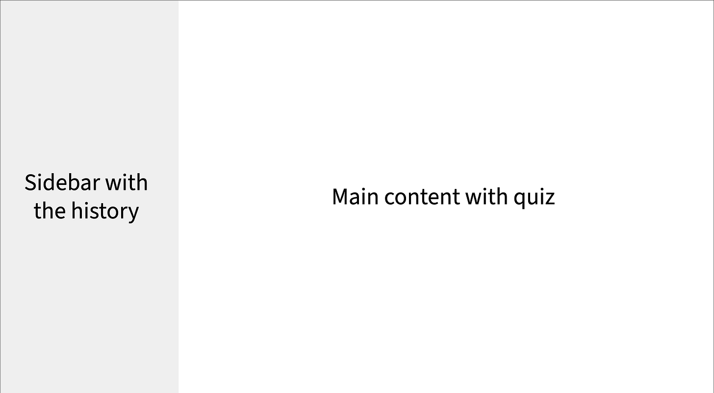 Wireframe layout showing a left sidebar labeled “Sidebar with the history” and main area labeled “Main content with quiz.”