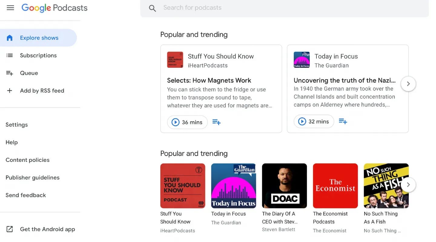 Interfaz de Google Podcasts.
