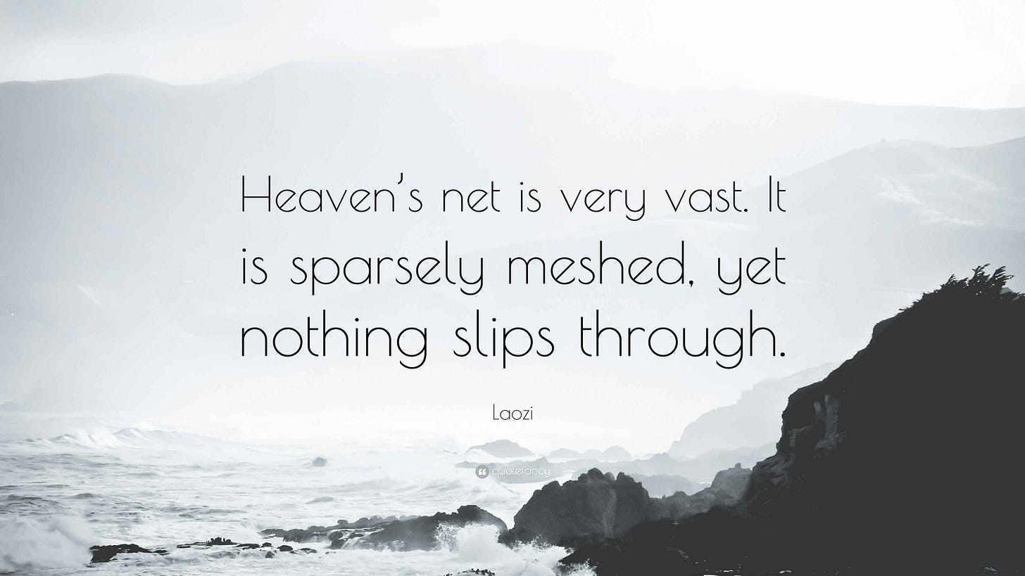 Laozi Quote: “Heaven's net is very vast. It is sparsely meshed, yet nothing slips through.” Laozi Quote: “Heaven's net is very vast. It is sparsely meshed, yet nothing slips through.”