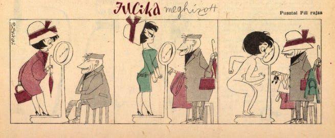 Jucika tries to lower her weight on a doctor’s scale by undressing in stages, handing each layer to the doctor until she’s nude and he’s buried in her clothes. Jucika tries to lower her weight on a doctor’s scale by undressing in stages, handing each layer to the doctor until she’s nude and he’s buried in her clothes.