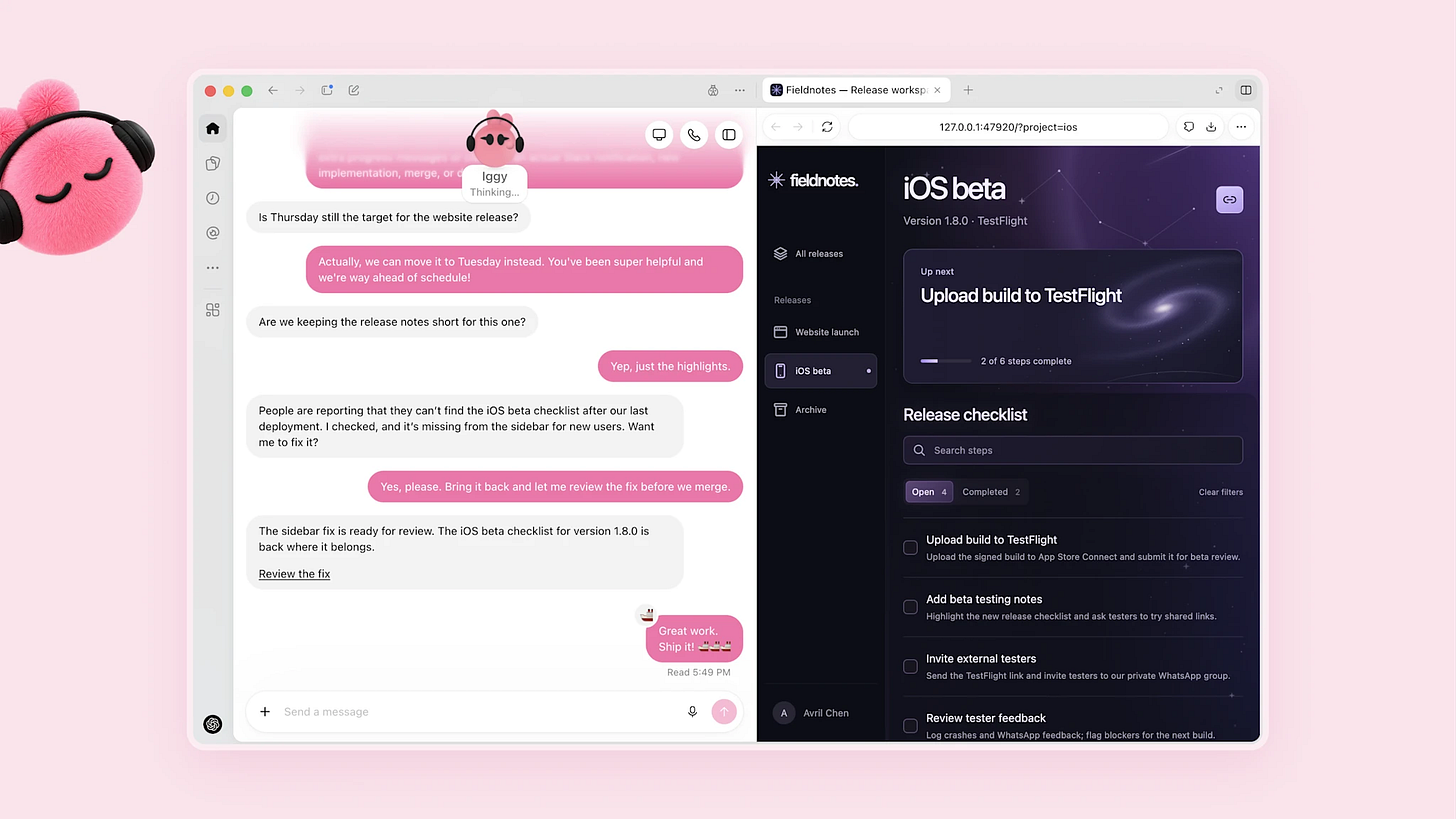 An OpenAI dot preparing a fix beside a release workspace