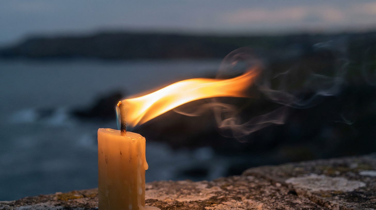 AI-generated illustration of a single candle flame flickering in strong wind, symbolizing Ukrainian resistance/defiance.