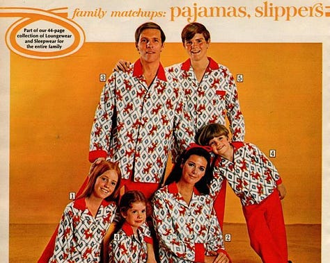 1970s families wearing matching Christmas pajamas in garish patterns