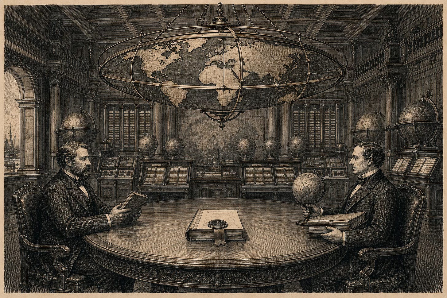 Wood-engraving editorial illustration in the Thomas Nast Harper's Weekly style for Attention Capital's essay How WWE Sold the Same Audience Four Times. Two 19th century executives sit across a circular oak negotiation table holding a single bound contract with an oversized wax seal between them, beneath an inlaid wood-and-brass world map suspended from the coffered ceiling as a chandelier, with regional ledgers lining the walls. The image visualizes the Netflix-WWE Raw $5 billion 10-year deal as an international-scope licensing transaction in which the IP owner stays a pure-play licensor and the platform absorbs distribution risk, the central trade in Attention Capital's analysis of instrument-asset fit in live-attention rights.